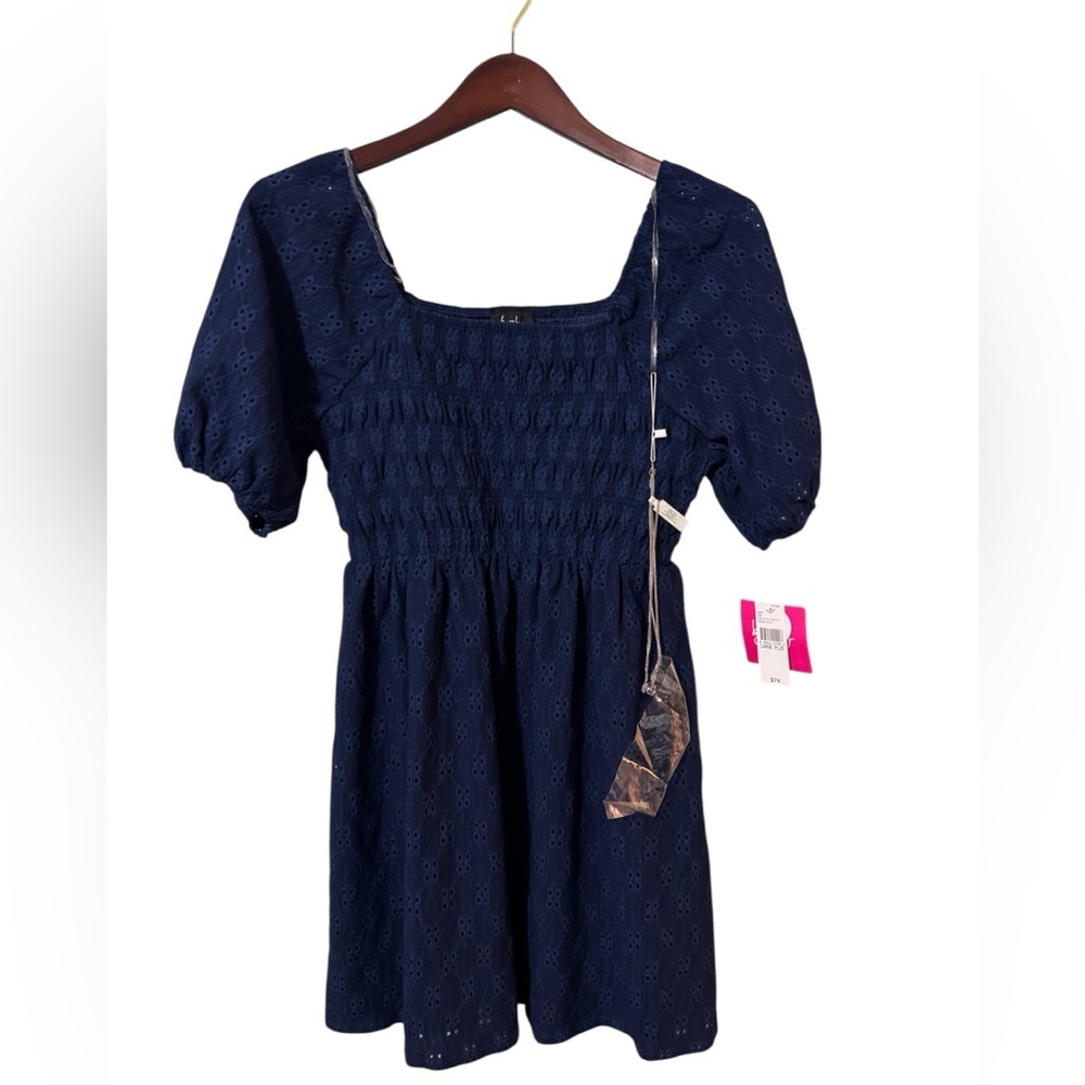 ⚡️NWT By By Girl Plus 14.5-16.5 Navy Blue Eyelet Smocked Puff Sleeve Dress